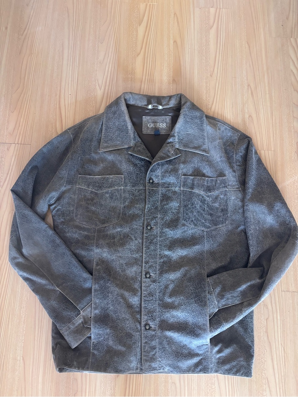GUESS Men's Washed Charcoal Genuine leather Button-Front Shirt Jacket
